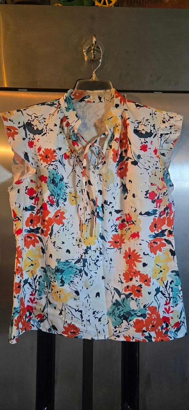 Shein Multicolor Watercolor Floral Print Tie Neck Cap Sleeve Top Size XL